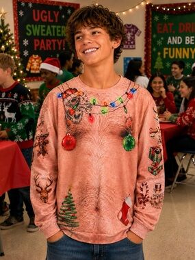 EUC Funnycokid 3D Ugly Christmas Sweater Hairy Chest Sweatshirt Boys 2XL
